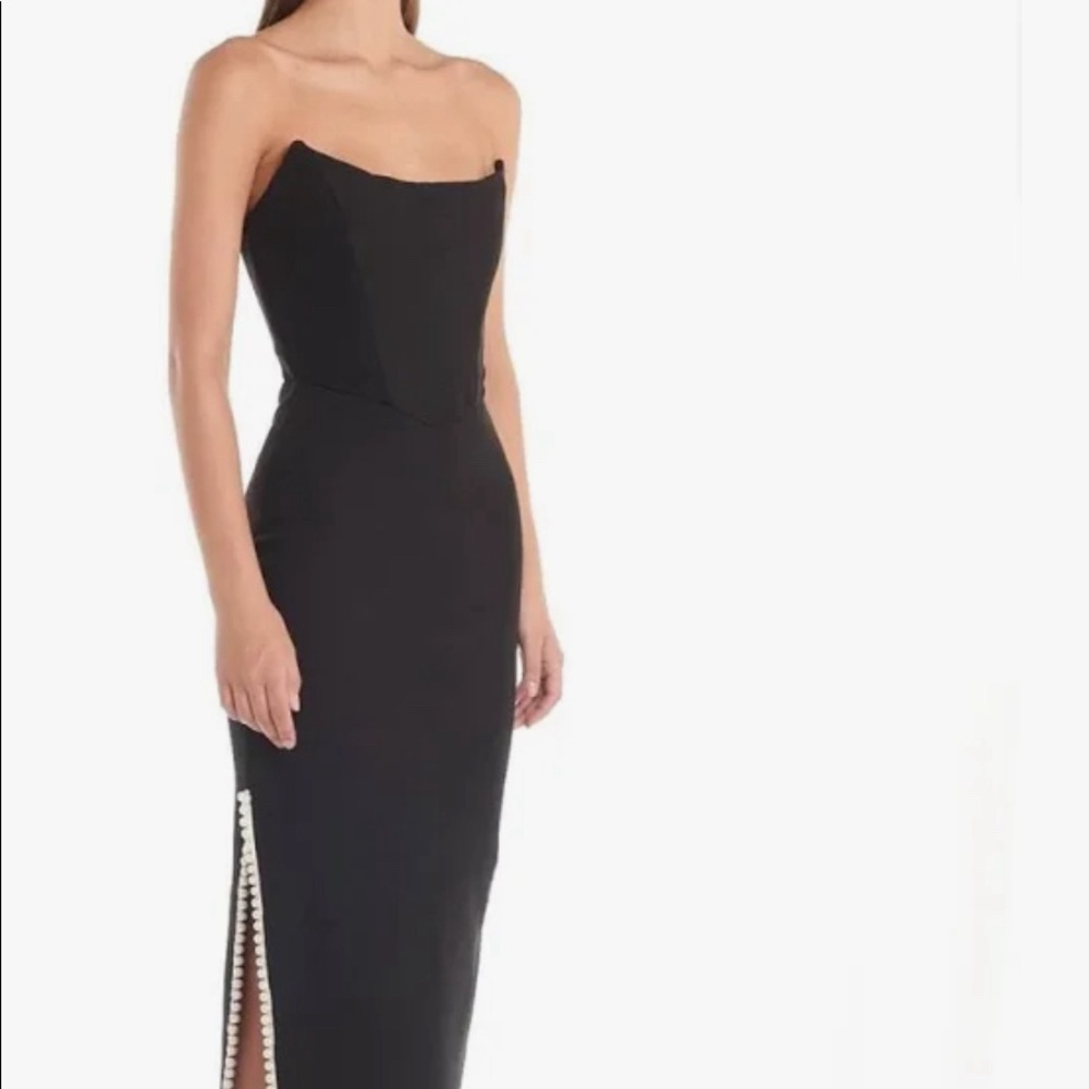 Elyssa the Label black gown with pearl line slit and corset style waist